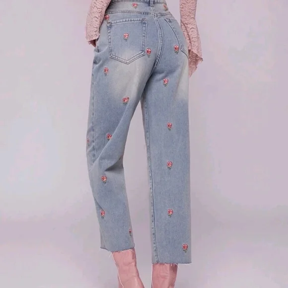Floral Embroidered Light Blue Jeans